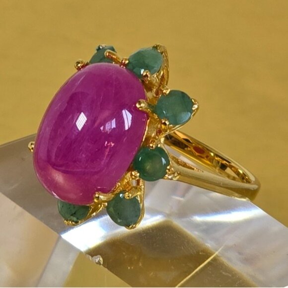 925 Sterling Silver Ring Sz 6.5 with Natural Oval Ruby 16x11mm & Emerald Gems - Picture 3 of 13